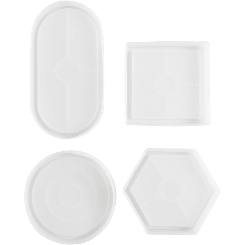 Moule en silicone, Ovale, rond, carré, hexagonal, H: 1-1,5 cm, dim. 9-17,5 cm, transparent mat, 4 pièce/ 1 Pq.