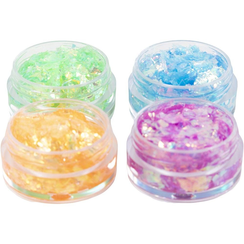 Pâte à Modeler à Paillettes, iridescente orange, iridescente vert, iridescente bleu, iridescente rose, 4x5 ml/ 1 Pq.