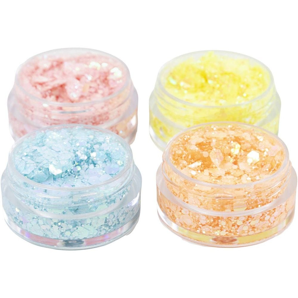Pâte à Modeler à Paillettes, bleu pastel, orange pastel, rose pastel, jaune pastel, 4x5 ml/ 1 Pq.