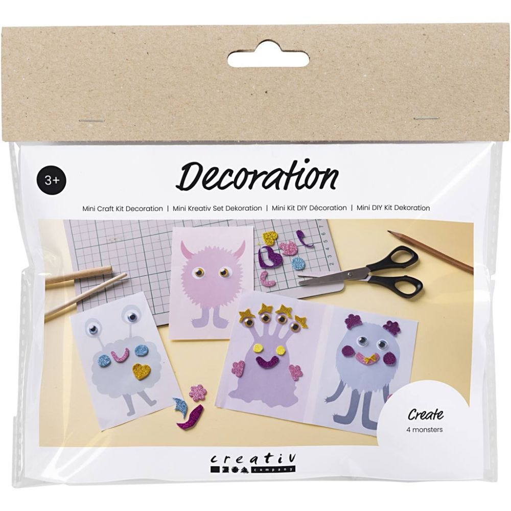 Mini Kit DIY Décoration, Collage monstre, bleu pastel, vert pastel, rose pastel, violet pastel, 1 Pq.