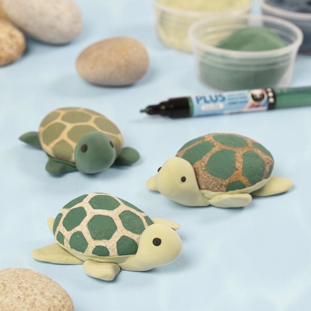 Turtles painted on stones with Plus Color markers and Silk Clay  