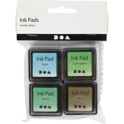 Tampon encreur , H : 2 cm, dim. 3,5x3,5 cm, vert, vert clair, olive, aqua, 4 pièces/ 1 Pq.