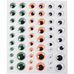 Yeux loucheurs, autocollant, d 6+8+10+12+15 mm, vert, orange, blanc, 54 pi&egrave;ce, 1 flles