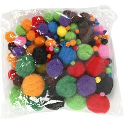 Pompons, d 5-40 mm, ca. 150 pi&egrave;ce, ass. de couleurs, 42 gr/ 1 Pq.